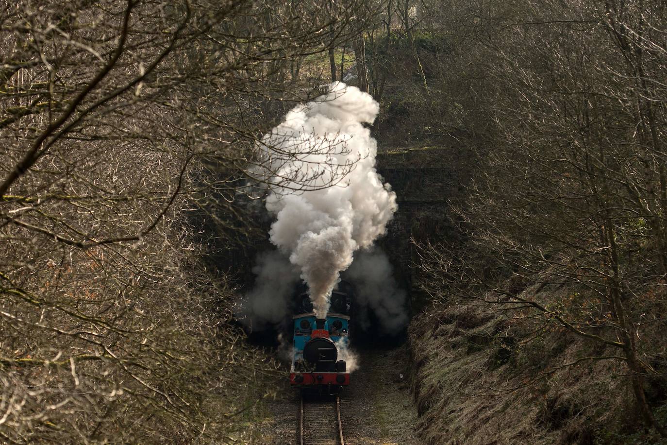 Siete locomotoras antiguas recorren la línea de East Lancashire Railway, cerca de la estación Burrs Country Park, en el primer día del Spring Steam Gala, evento que se celebra este fin de semana en el norte de Inglaterra.