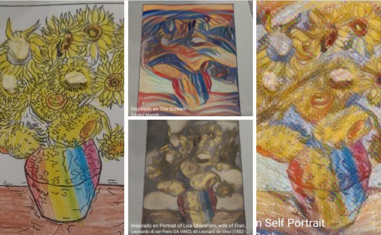 A la izquierda, Los girasoles de Van Gogh, coloreado por un niño. En el centro y a la derecha, con el estilo de El Grito de Munch, La Mona Lisa de Leonardo y con el filtro de la obra original del propio Van Gogh.