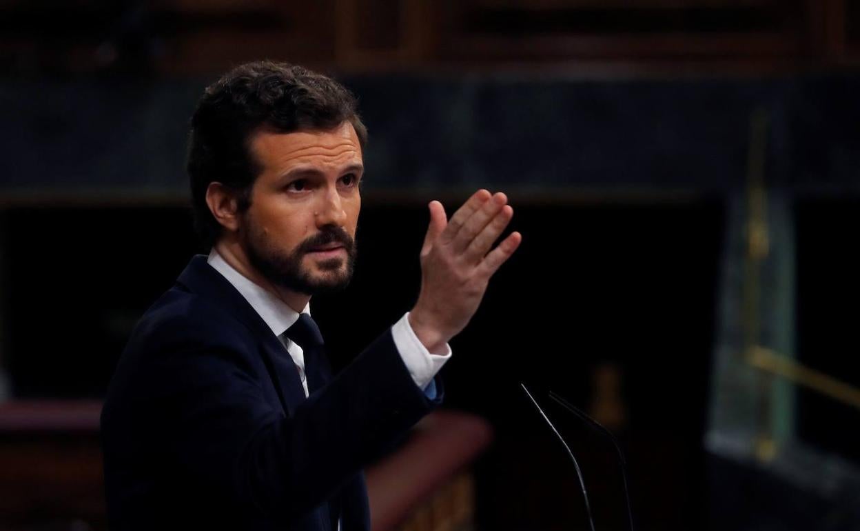 Casado, esta mañana, en la tribuna del Congreso durante el debate del estado de alarma. 