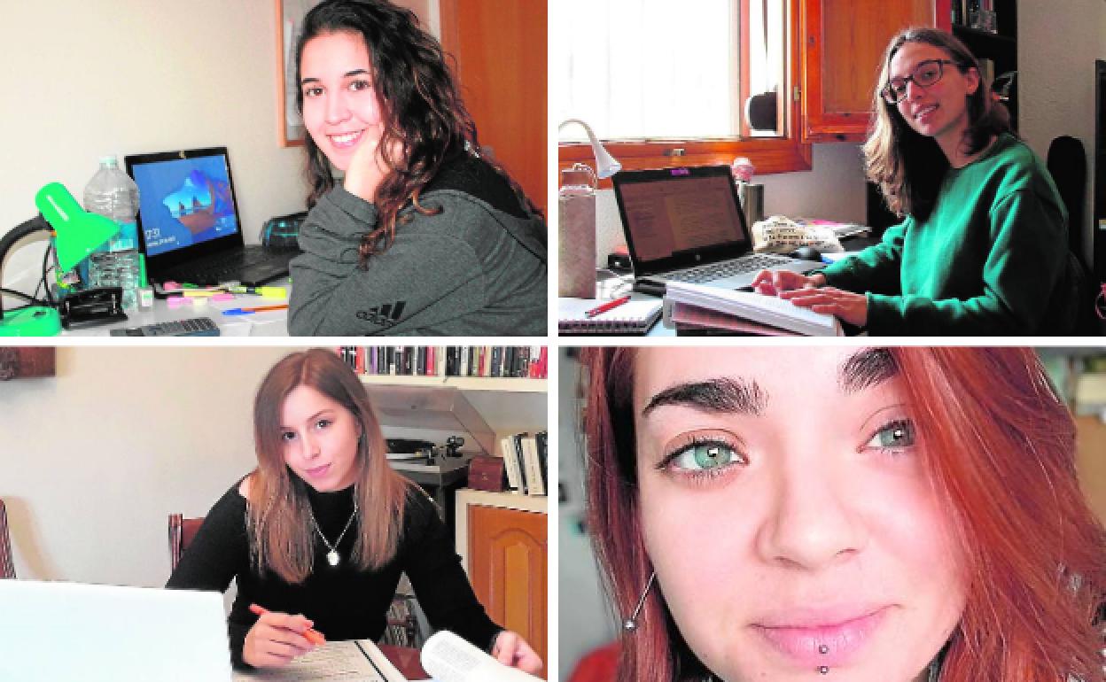 Arriba: Hannah Bernal, estudiante de Ingeniería en Diseño Industrial de la Jaume I. (izq) | Lídia Santacreu, alumna de Información y Documentación (dcha). | Abajo: Alejandra Lara, alumna del doble grado de Derecho y Criminología (izq). | Julia Molina, de la UPV (dcha).