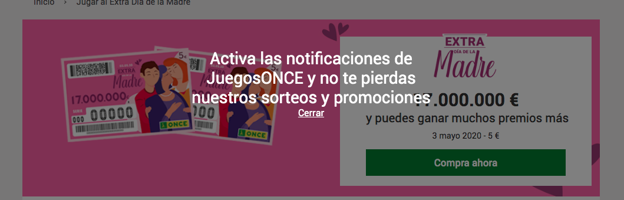 Web de la ONCE anunciando el sorteo. 