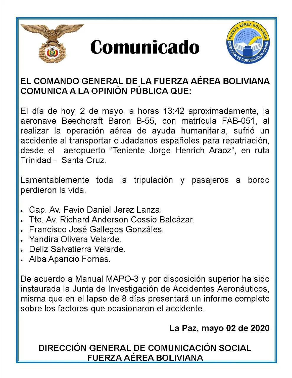 Comunicado de la Fuerza Aérea Boliviana