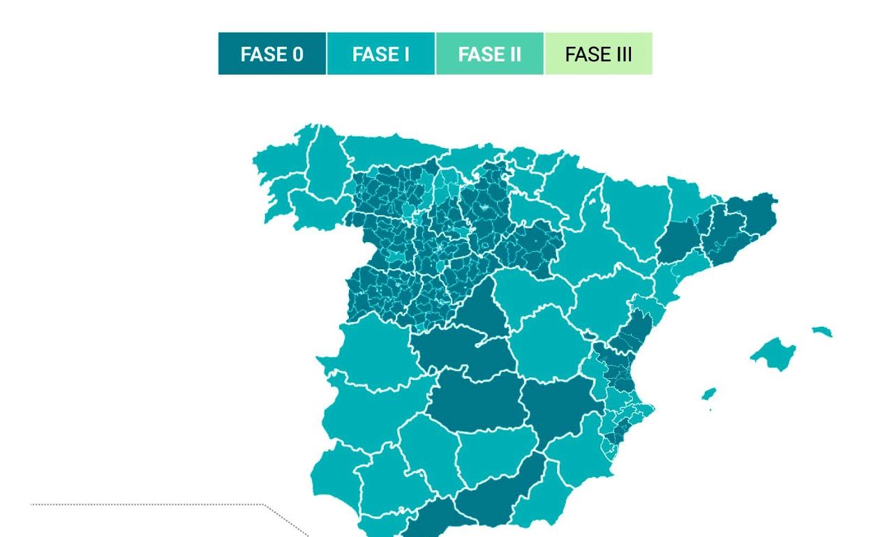 El mapa señala los territorios que pasan a la fase 1 y los que permanecen en la fase 0.