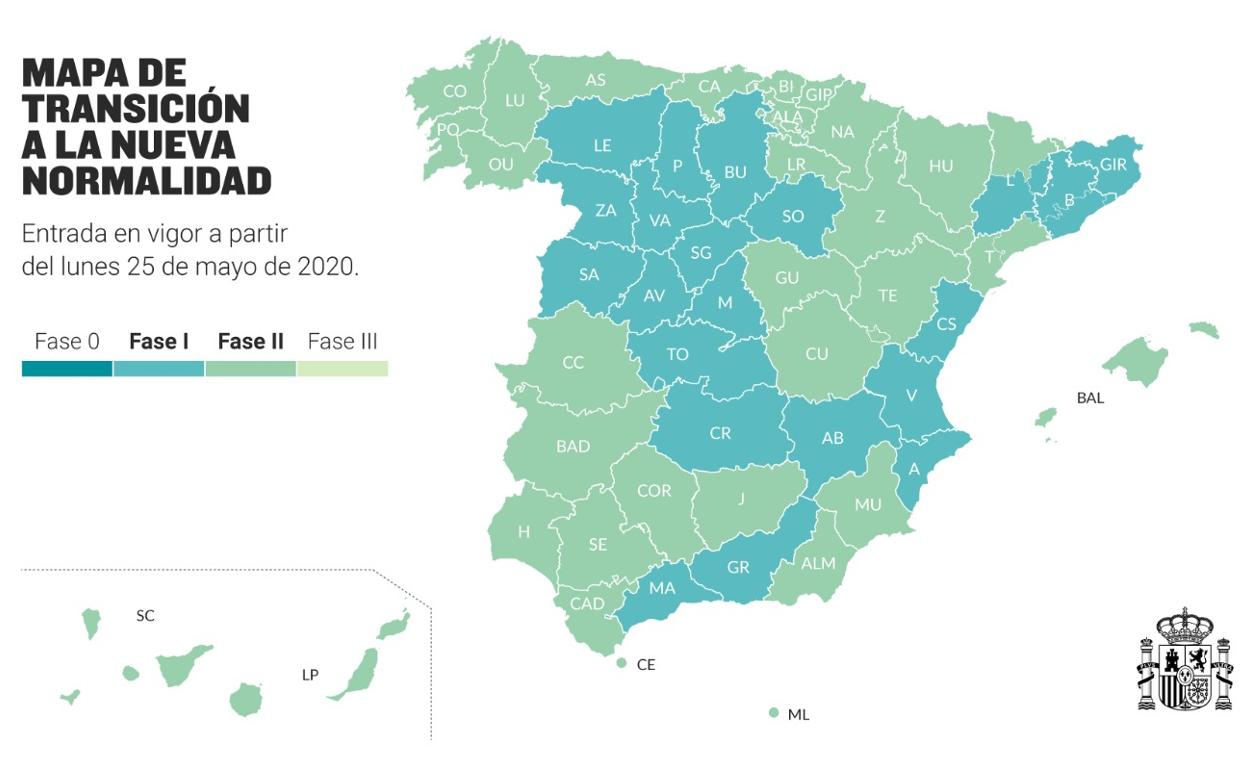 Mapa: Las provincias que pasan a Fase 2 y las que se quedan en Fase 1