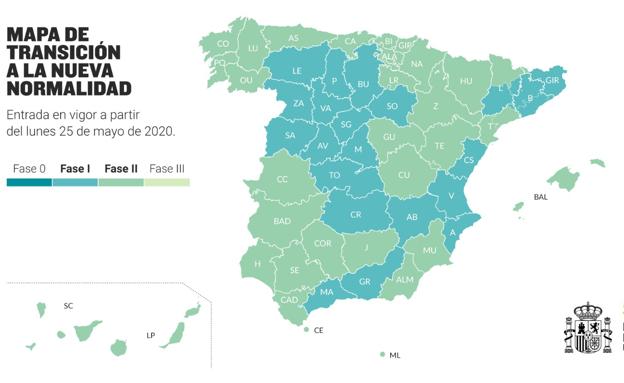 Mapa de la desescalada en España a fecha 25 de mayo. 