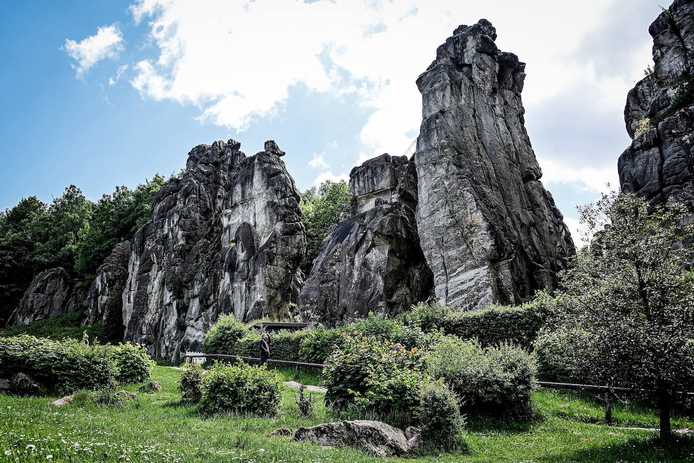 Teutoburg Forest (Horn-bad Meinberg, Alemania). La impactante formación rocosa de arenisca 'Externsteine' sobresale en el bosque de Teutoburgo. A las rocas, que están protegidas como monumentos naturales y culturales, se les atribuye un significado histórico especial. 