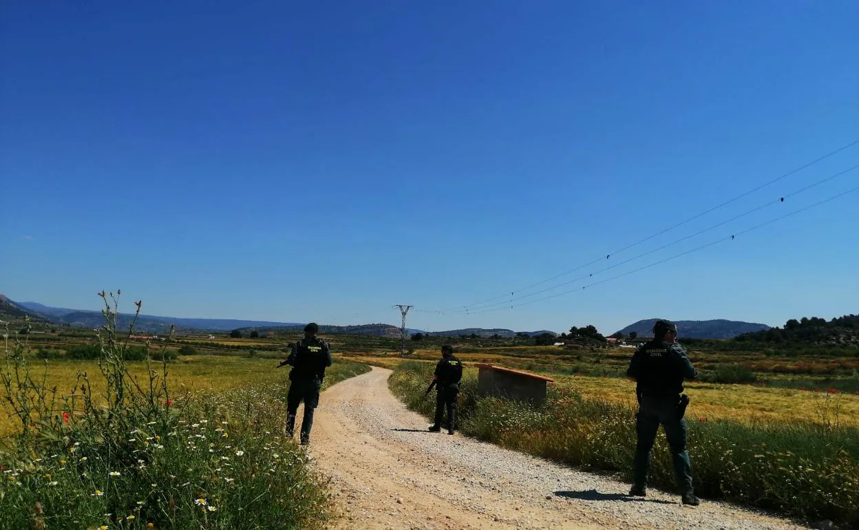 Tres guardias civiles siguen el rastro del ladrón por un camino. 