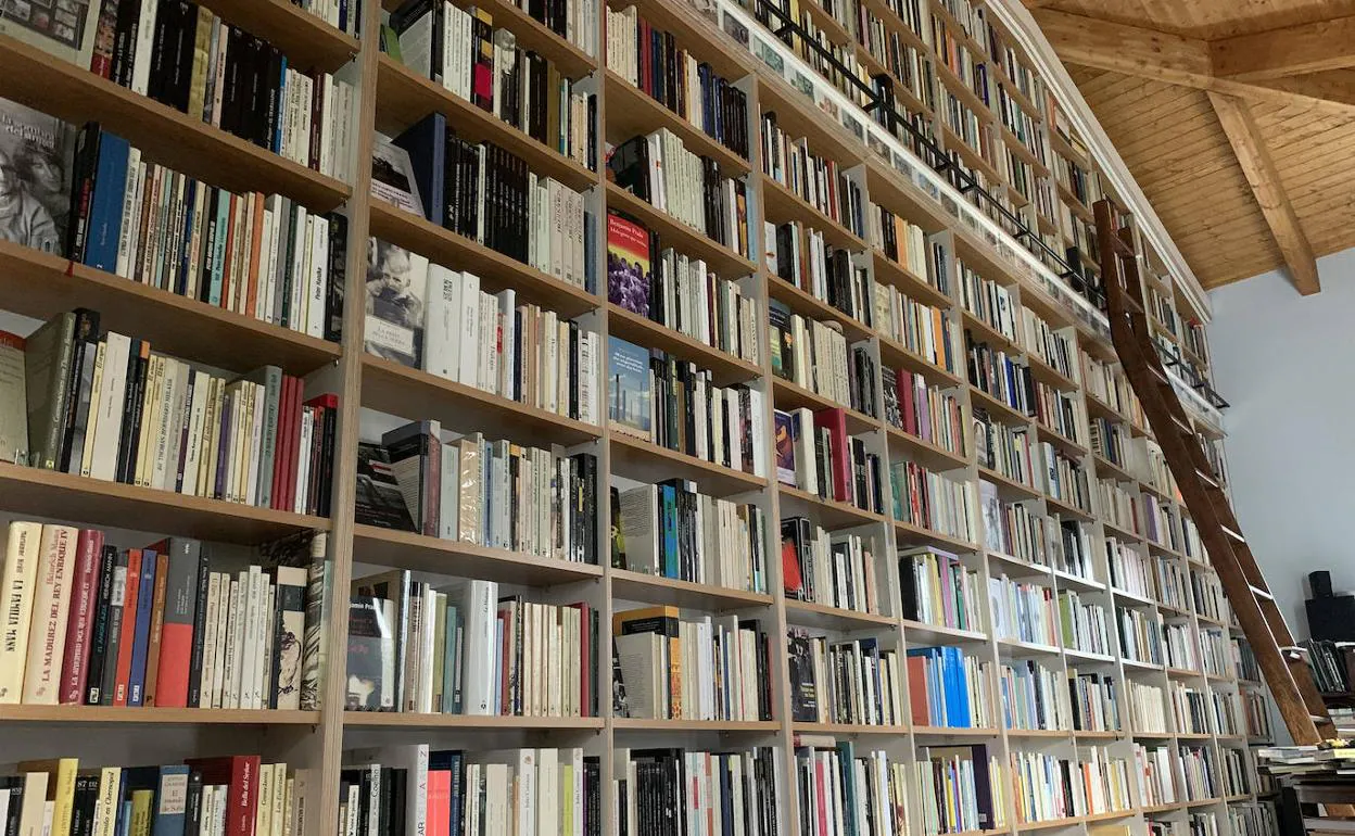 Una librería blanca con libros y una imagen de un libro en la pared.