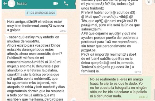 Uno de los supuestos mensajes enviados desde la cuenta de WhatsApp de Isaac cuando ya estaba desaparecido.