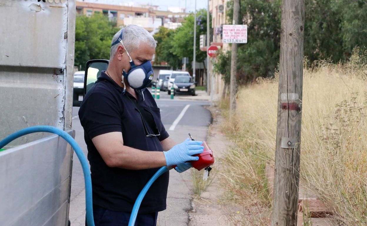 Un operario pulveriza en la vía pública. 