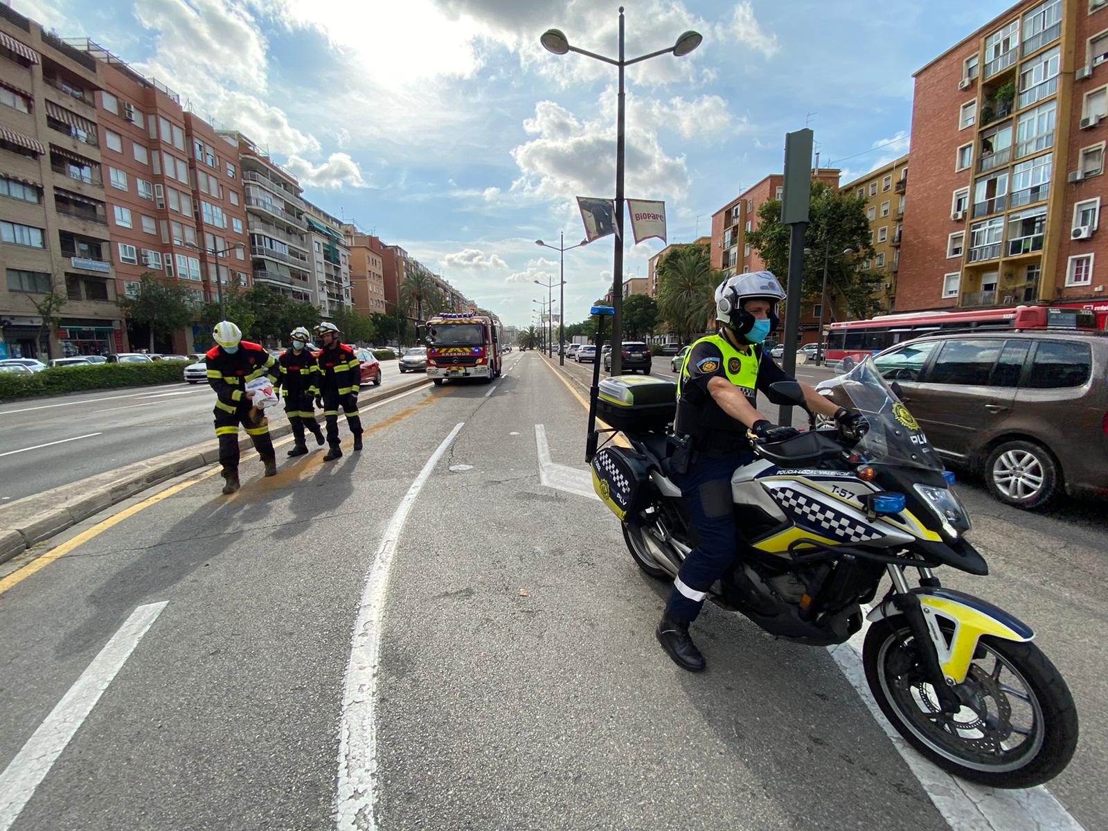 La Unidad de Seguridad Vial de la Policía Local de Valencia y los bomberos han intervenido tras una fuga de combustible en la Avenida del Cid. Los agentes han esparcido ocho sacos de arena sobre la calzada para evitar que se producieran accidentes de tráfico.