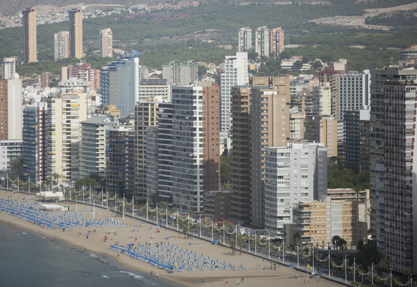 Las imágenes que ayer, el primer día de agosto, y de los últimos días de julio, mostraban la playa de Levante de Benidorm eran absolutamente inusuales para esta época del año. Con hamacas y parasoles vacíos y amplios espacios sin ocupar. 