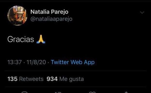 Mensaje de Natalia Parejo en su perfil de tuiter. 