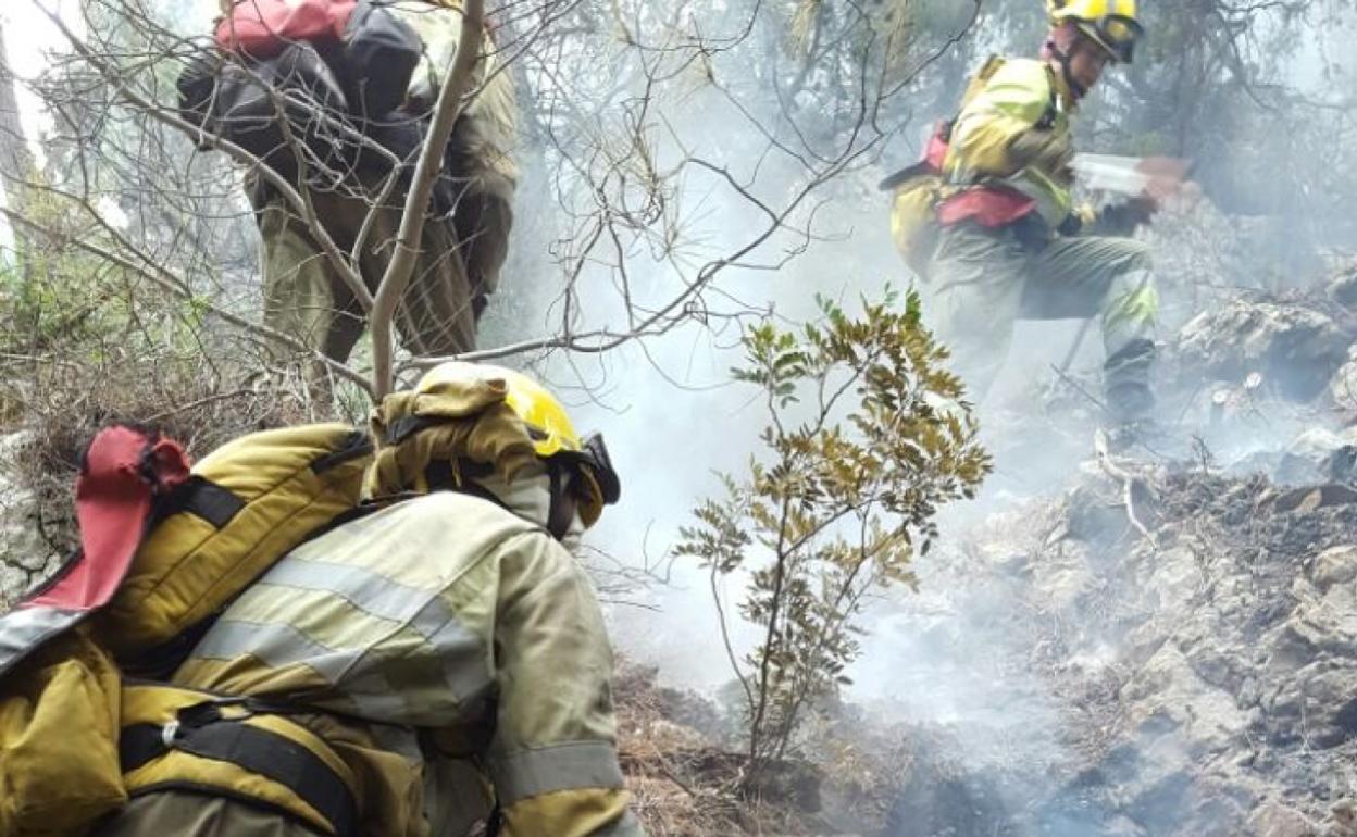 Varios bomberos acceden a pie para extinguir el incendio declarado en la Serrella de Benimantell. 