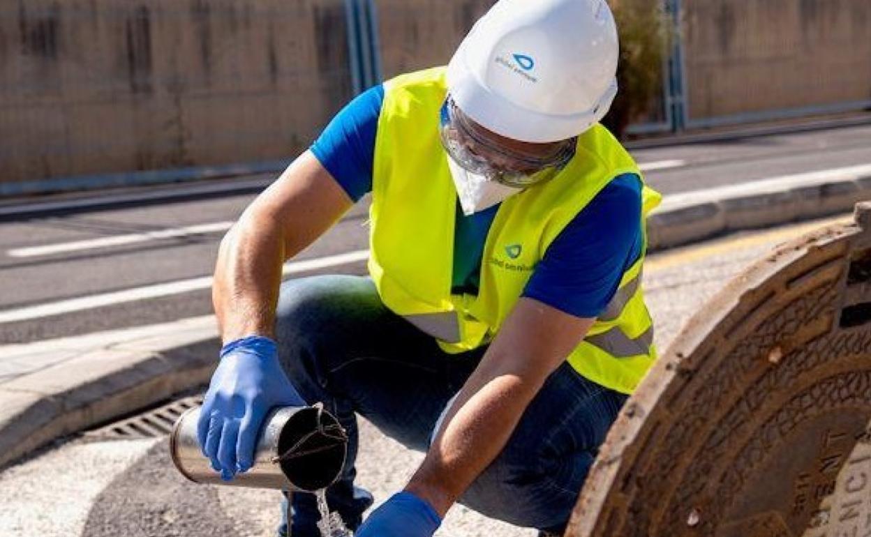 Un operario recoge muestra de aguas en una de las alcantarillas de la localidad. 