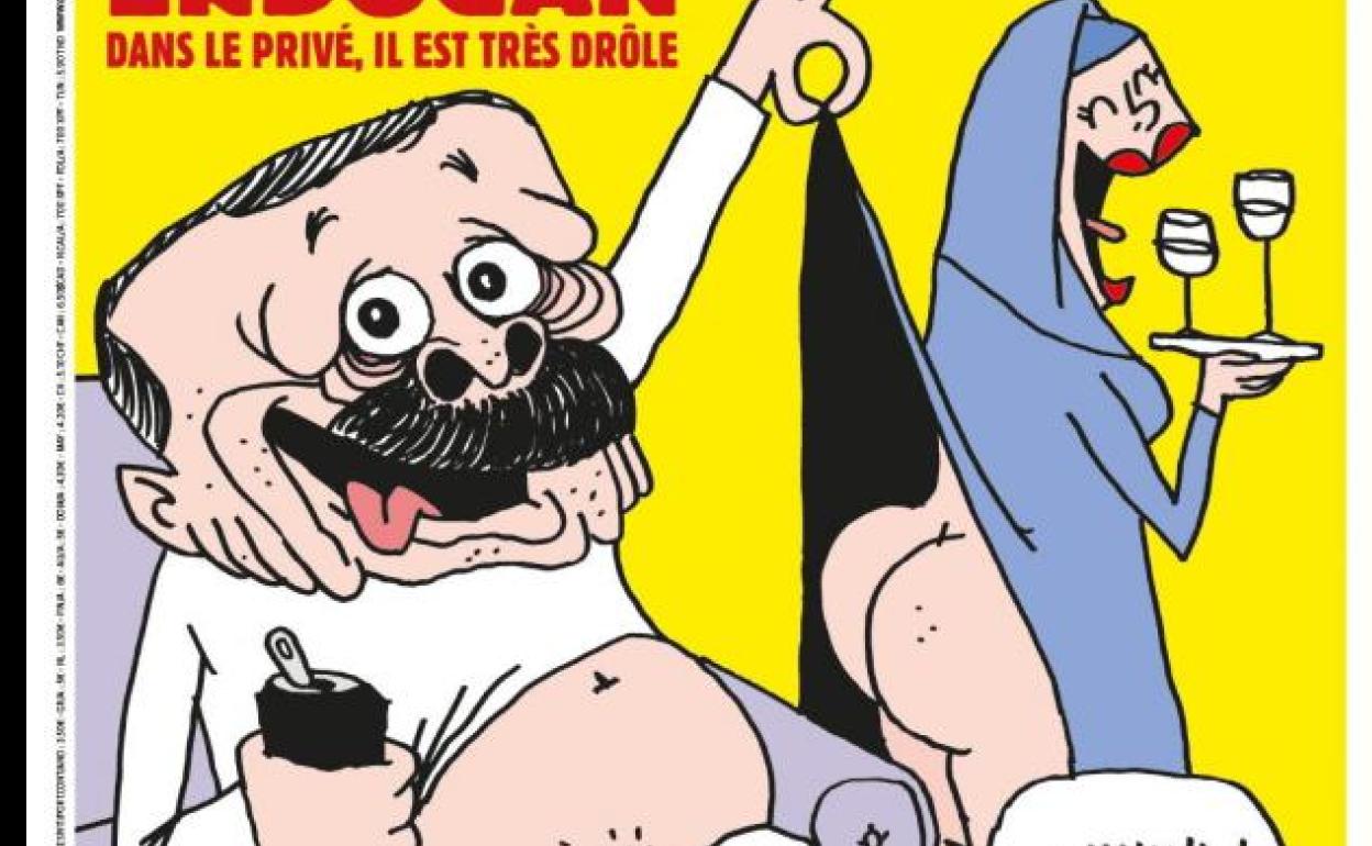 La caricatura de 'Charlie Hebdo' retrata al primer ministro turco en calzoncillos, levantando la falda de una mujer, bajo el título «Erdogan, en privado, es muy divertido».