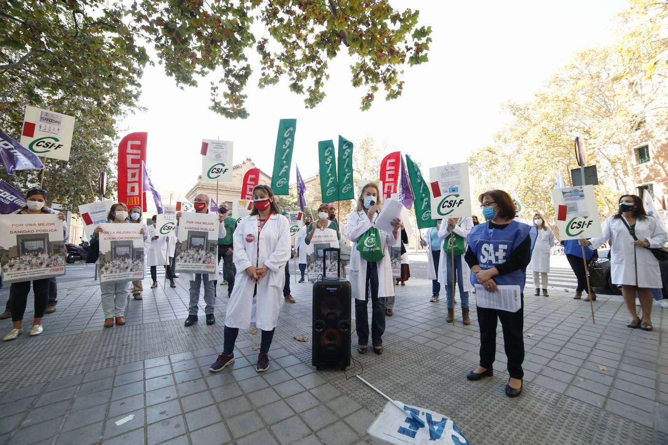 Varias decenas de profesionales sanitarios se acaban de concentrar a las puertas de la Conselleria de Sanidad para reclamar la «incorporación inmediata» de unos 62.000 trabajadores más a nivel nacional (unos 7.500 para la Comunitat) y para exigir que se incremente la financiación sanitaria hasta alcanzar, al menos, la media europea, especialmente para Atención Primaria, escalón sanitario para el que solicitan el 25 por ciento de la inversión.