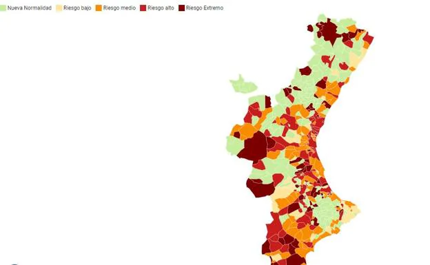 El semáforo Covid en la Comunitat: mapa del nivel de riesgo de cada municipio de Valencia, Alicante y Castellón