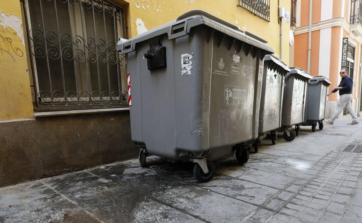 Contenedores de basura en una calle del barrio del Carmen. 