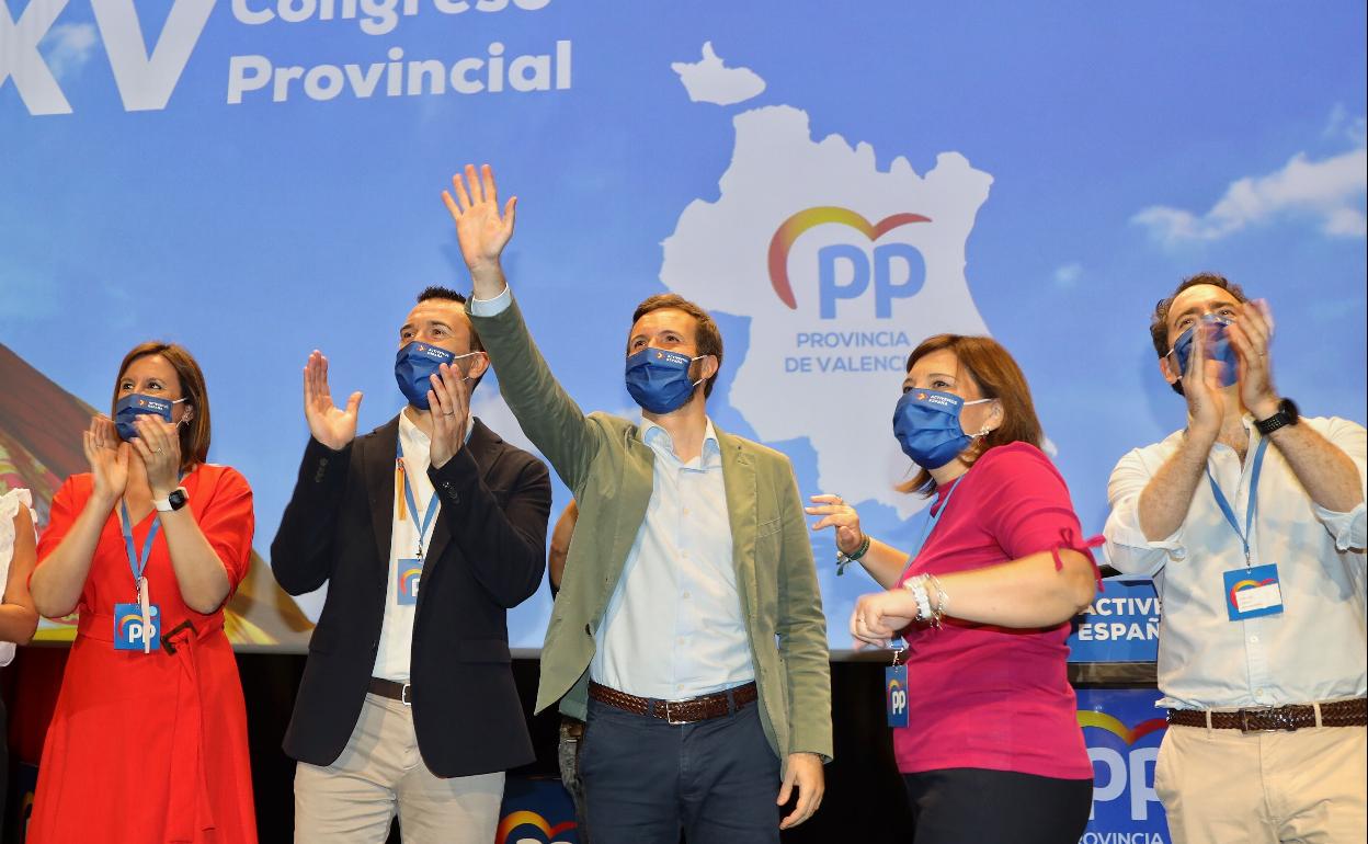 Catalá, Mompó, Casado, Bonig y García Egea, en el congreso provincial de Valencia. 