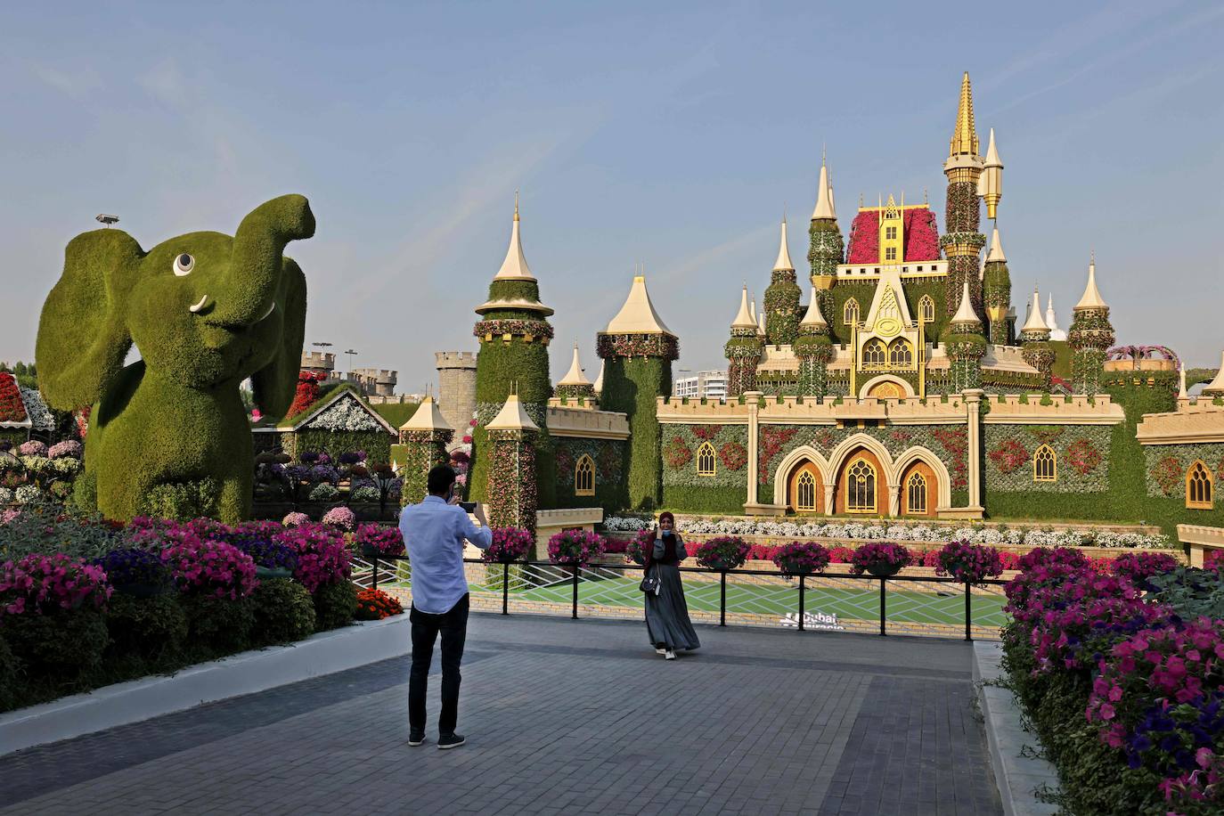 Flores gigantes y arreglos de plantas, algunos con personajes populares de Disney como Mickey Mouse y el pato Donald, dan la bienvenida a los visitantes al Dubai Miracle Garden, el jardín de flores más grande del mundo.