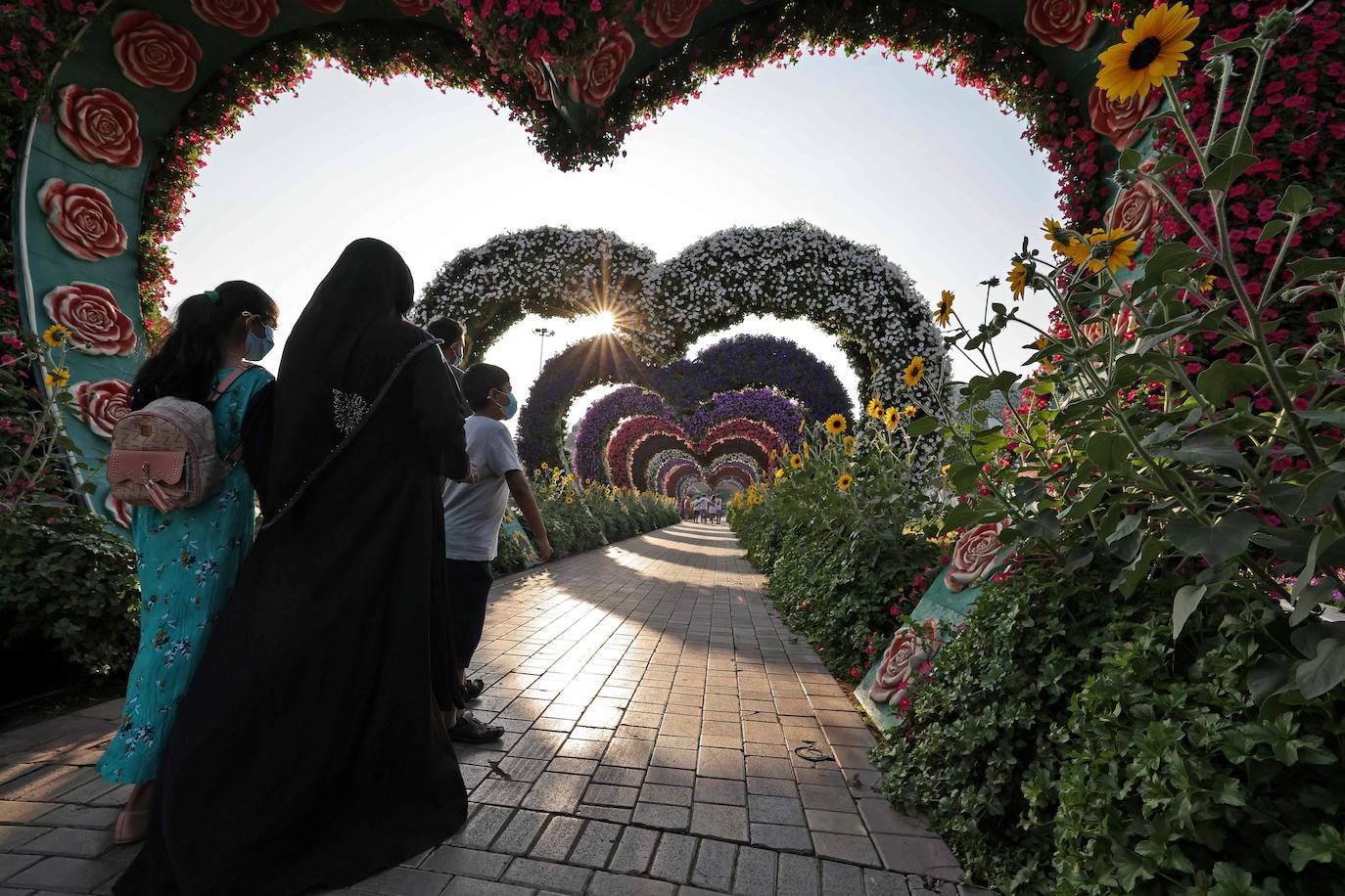 Flores gigantes y arreglos de plantas, algunos con personajes populares de Disney como Mickey Mouse y el pato Donald, dan la bienvenida a los visitantes al Dubai Miracle Garden, el jardín de flores más grande del mundo.