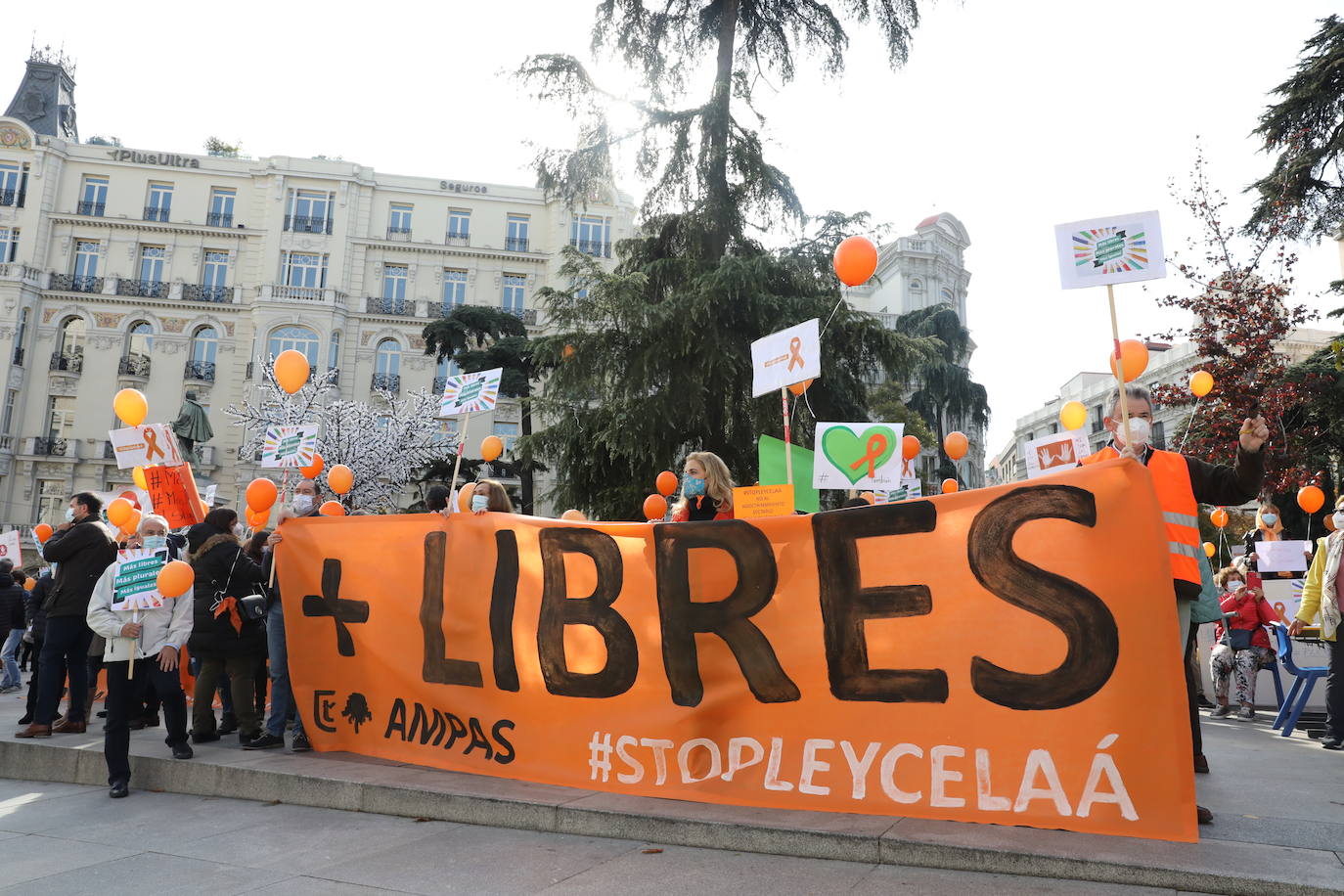 Miembros de la Plataforma Más Plurales se manifiesta en contra de la nueva ley de educación, la llamada ley Celaá, en frente del Congreso este viernes. Los manifestantes consideran que la nueva ley ataca la libertad de las familias la hora de elegir centro.