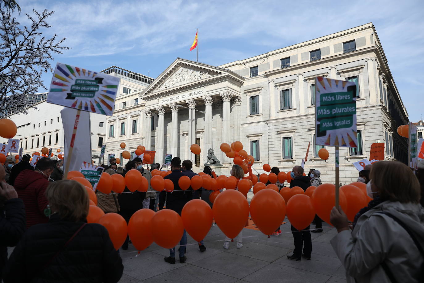 Miembros de la Plataforma Más Plurales se manifiesta en contra de la nueva ley de educación, la llamada ley Celaá, en frente del Congreso este viernes. Los manifestantes consideran que la nueva ley ataca la libertad de las familias la hora de elegir centro.