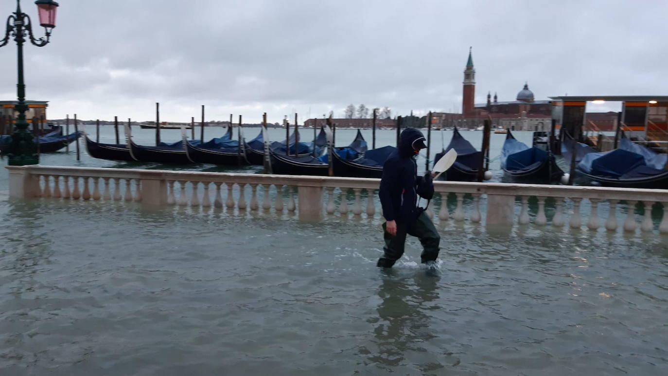 Las fuertes lluvias que azotan Italia han inundado parcialmente Venecia, que vive hoy un nuevo episodio de 'agua alta' sin que haya sido activado el MOSE, el sistema de diques construido para proteger la ciudad de estas subidas. La plaza de San Marcos y el centro histórico de la ciudad están anegados. 