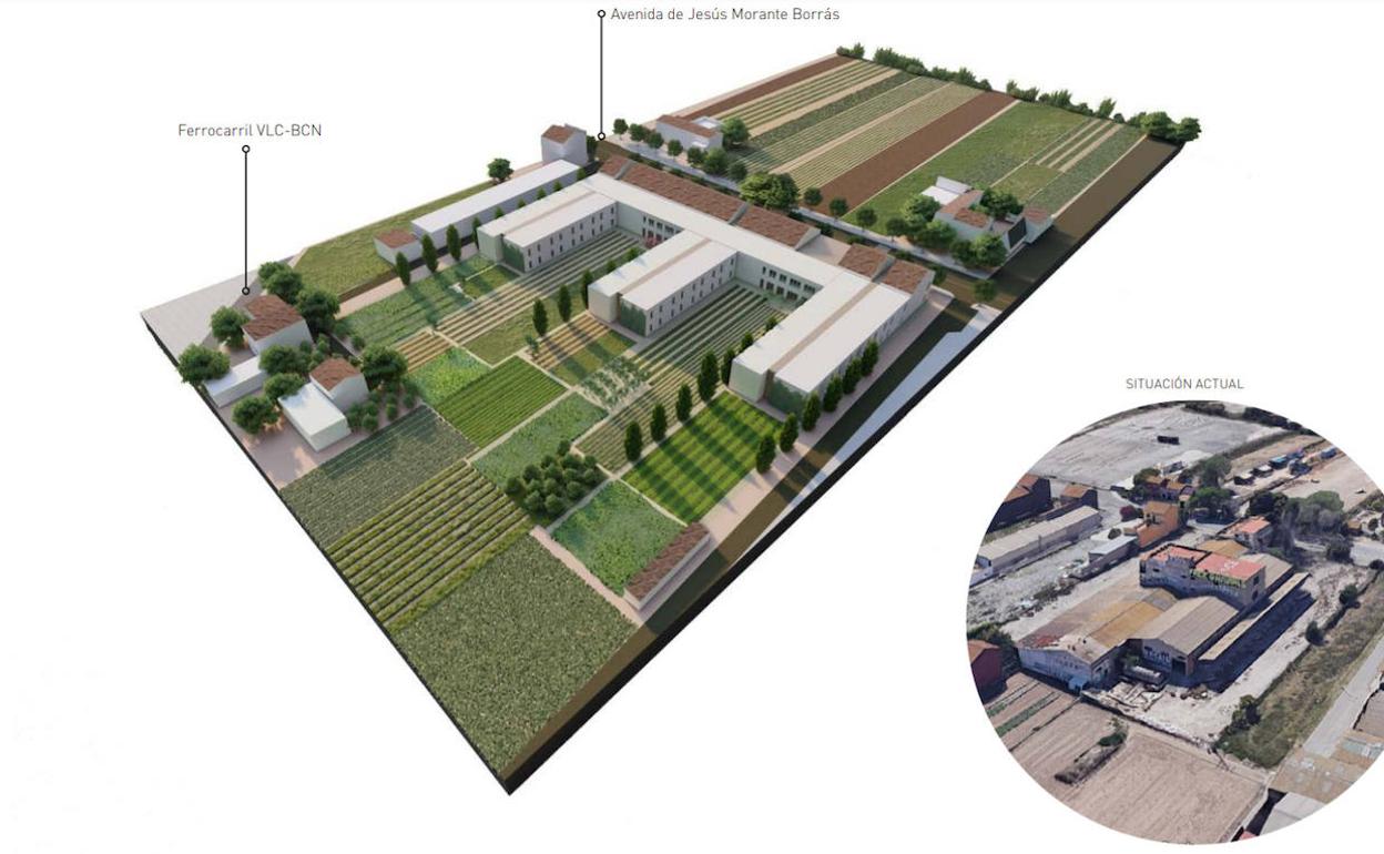 Recreación de la residencia con los campos de huerta. A la derecha, estado actual. 