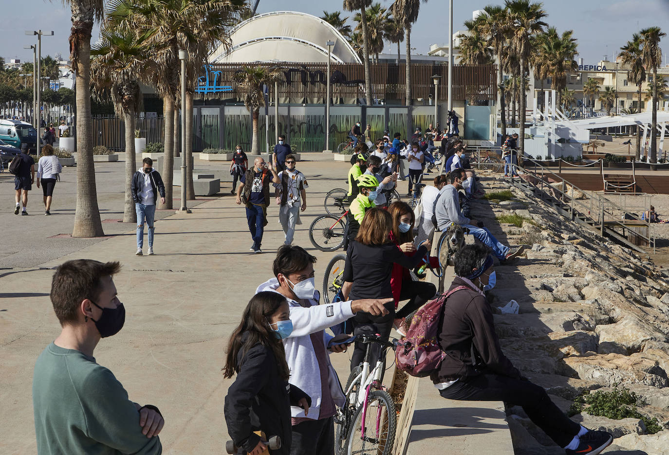 A falta de otras distracciones -los comercios están cerrados y escasean las ofertas de ocio y culturales- los valencianos se han lanzado este fin de semana a los parques, paseos y playas de la ciudad para disfrutar de este fin de semana de restricciones a causa de la pandemia de Covid. Los largos paseos y la práctica de deportes como el running o el surf son ahora las formas preferidas de ocio. 