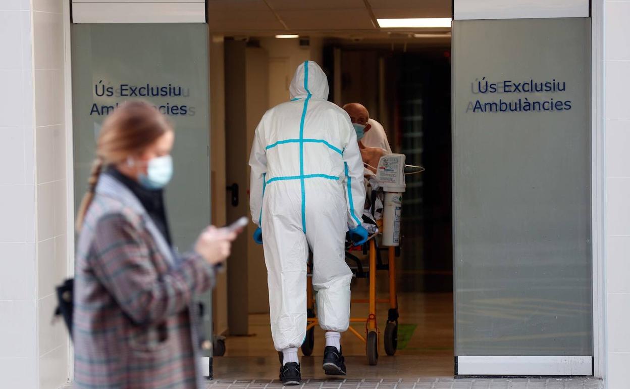 Un sanitario traslada a un enfermo en Valencia