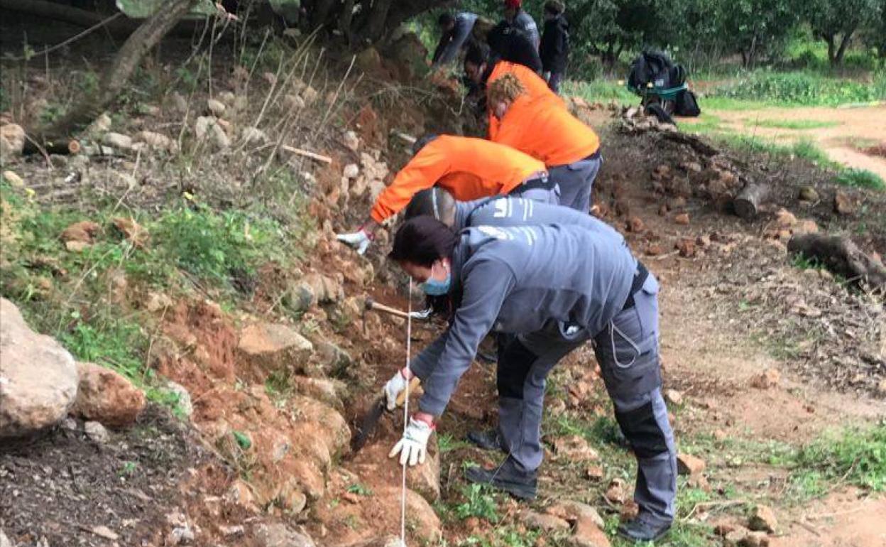 Los alumnos del taller de ocupación realizando mejoras en el Clot de la Font. 