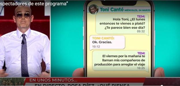 El programa muestra unos mensajes con Toni Cantó.