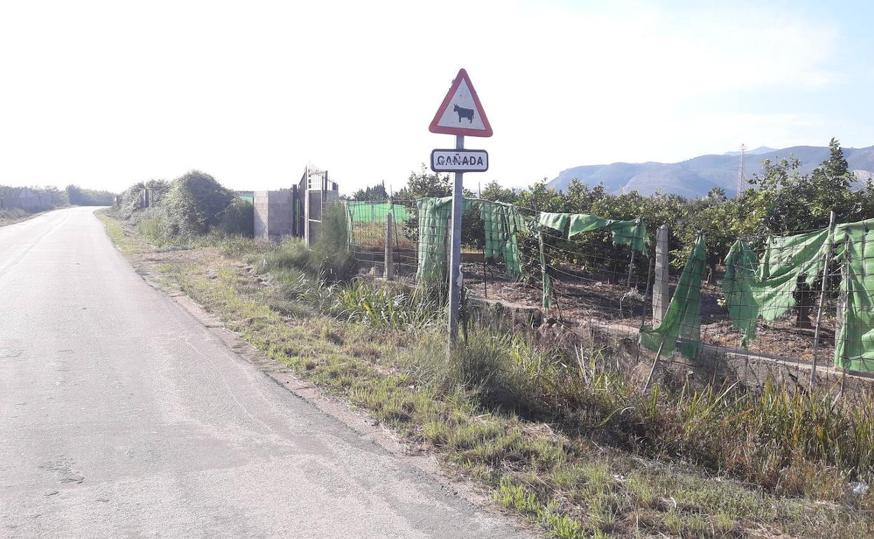 Acceso al camino en el término municipal de Tavernes. 