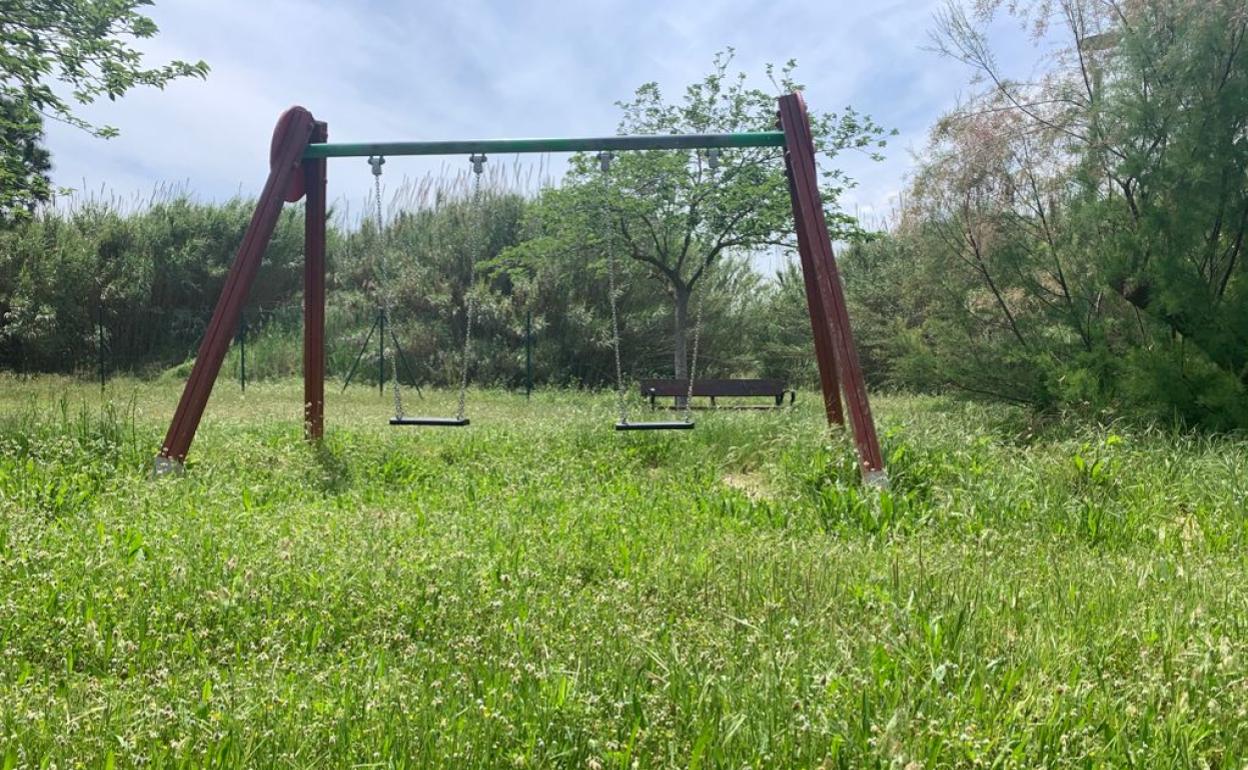 Una zona verde con columpios, cubierta por la maleza. 