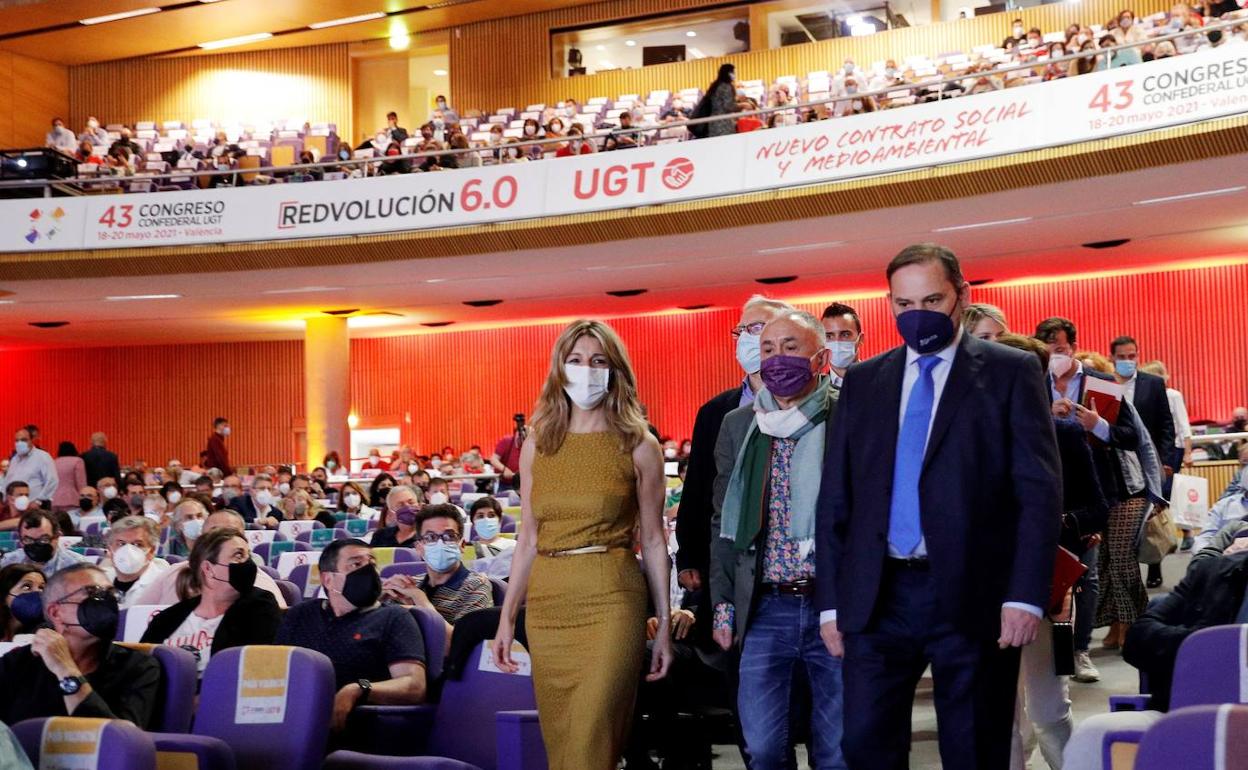 Yolanda Díaz, Joan Ribó, Pepe Álvarez y José Luis Ábalos en el congreso de UGT en Valencia. 