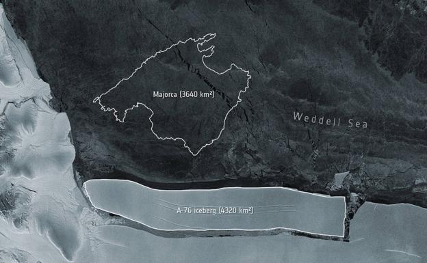 Iceberg A76 comparado con la isla de Mallorca.