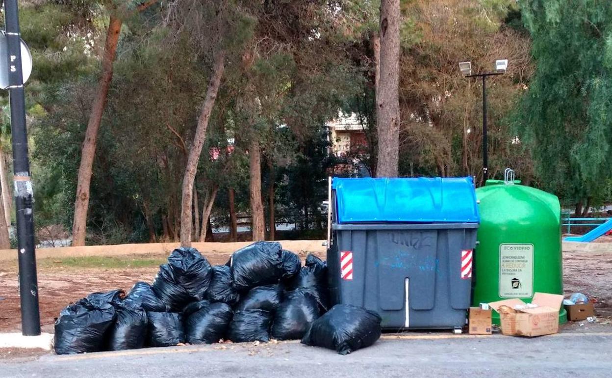 Restos de poda junto a un contenedor en El Vedat de Torrent. 