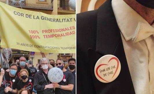 Izquierda, la manifestación frente al Palau de la Generalitat. Derecha, la chapa de apoyo al Cor que llevaban muchos músicos. 