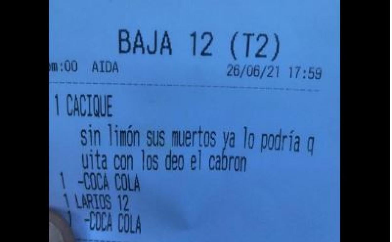 Ticket del Cacique sin limón | La insólita cuenta de un bar que indigna a un comensal: «¡Qué vergüenza!»