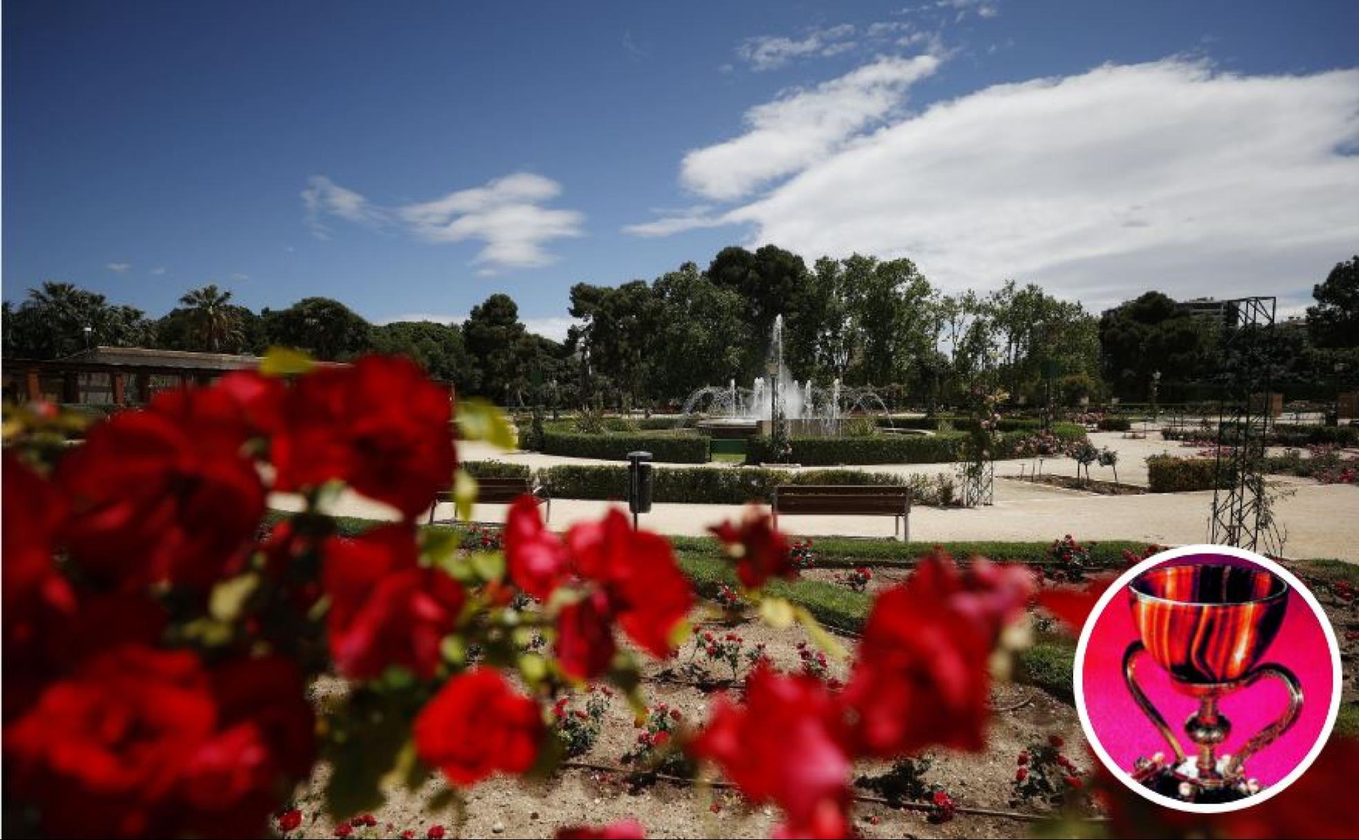 Actuales Jardines de Viveros, donde se encontraba el desaparecido Palacio Real, residencia del rey Alfonso El Magnánimo, quien trajo la reliquia por primera vez a Valencia. A la derecha, el Santo Cáliz. 