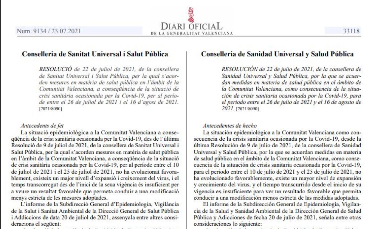 Medidas covid en Valencia en agosto: toque de queda, horarios de cierre y límtes de aforos y personas | El DOGV publica las nuevas medidas en la Comunitat: la letra pequeña del toque de queda y las restricciones del 26 de julio al 16 de agosto