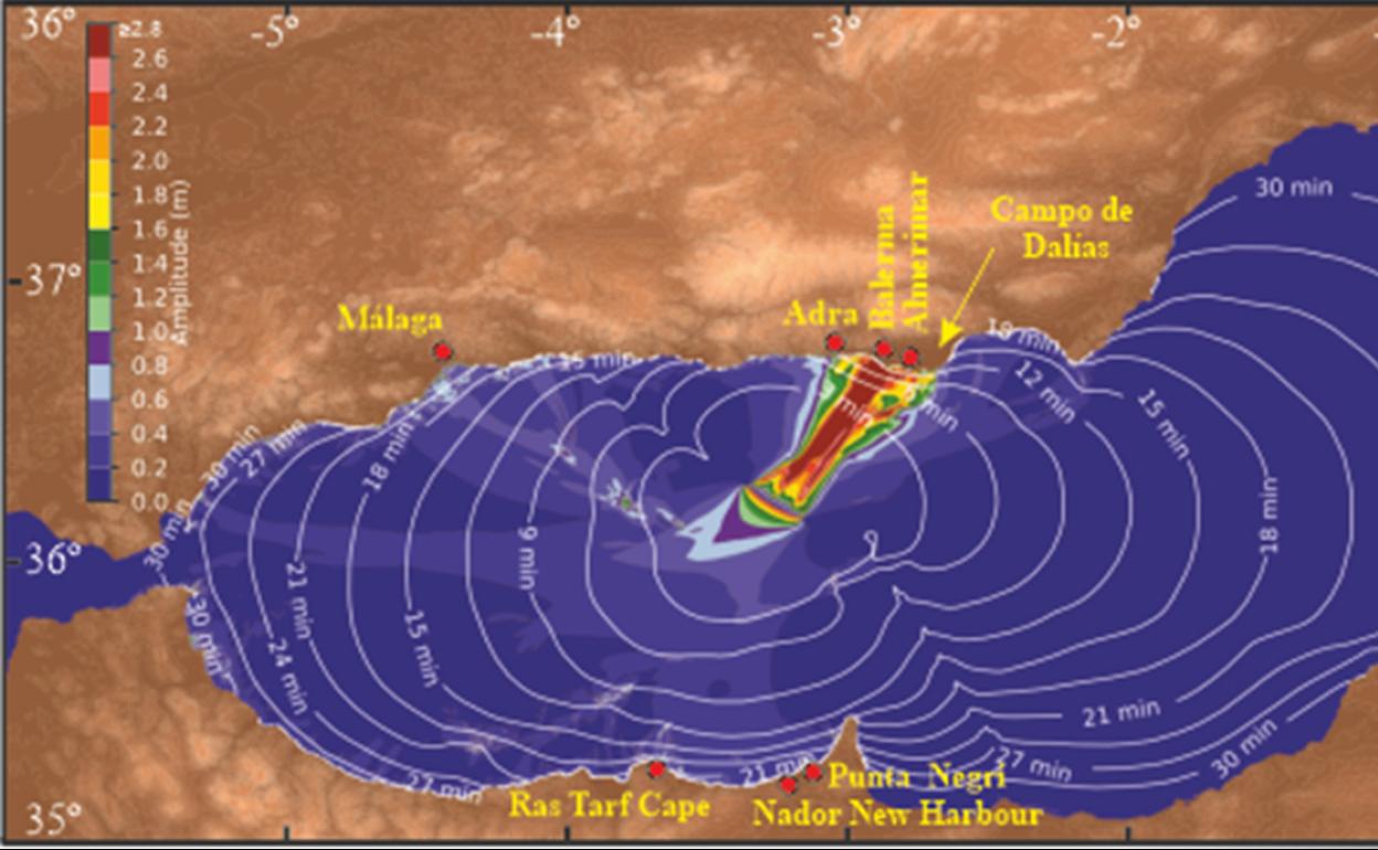 Simulación realizada por los investigadores con las zonas donde sepodrían producir los tsunamis. 