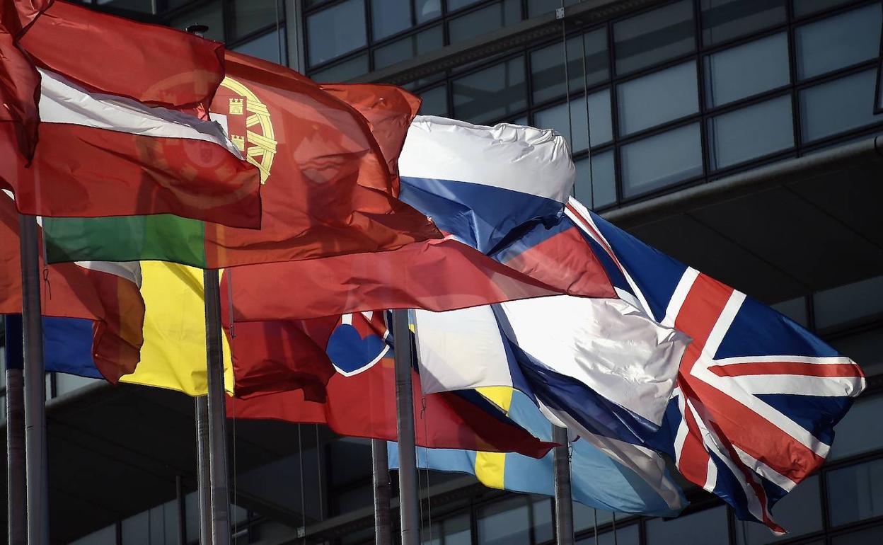 Banderas de países ante el Parlamento Europeo. 