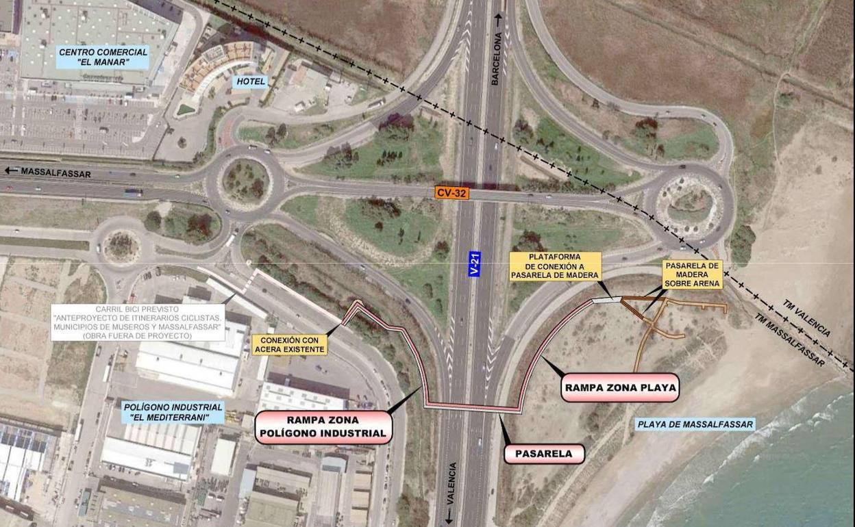 Un plano de la zona donde se construirá la pasarela. 