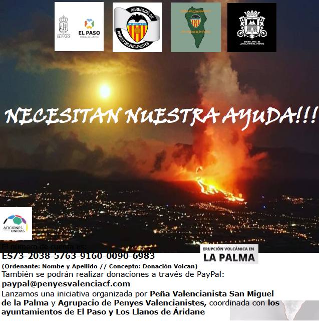 Cartel de la Agrupación de Peñas Valencianistas por los afectados del volcán en La Palma .