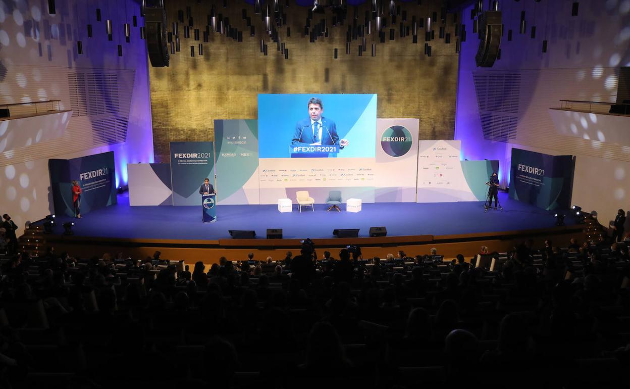 Intervención de Mazón en la inauguración del congreso Fexdir21, este jueves en Alicante. 