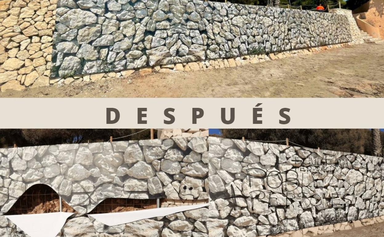 El antes y el después de los desperfectos en la lona que cubre el muro de la playa. 