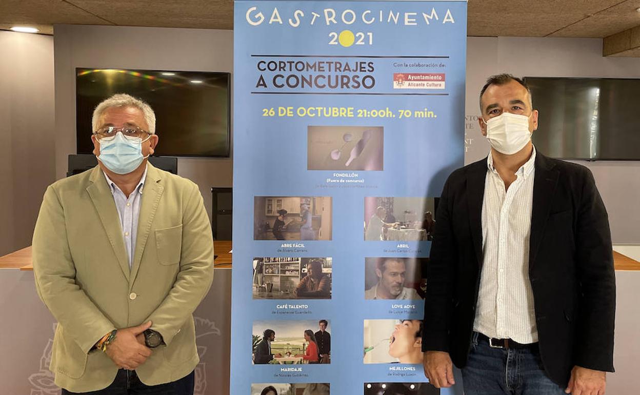 El concejal de Cultura y el director del certamen en la presentación de Gastro Cinema, este jueves en Alicante.  